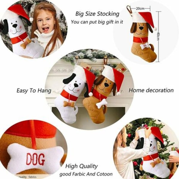 Pack julstrumpa Söt hund jul hatt mönster julstrumpa 15,7 tums festdekorationer Hängande öppen spis