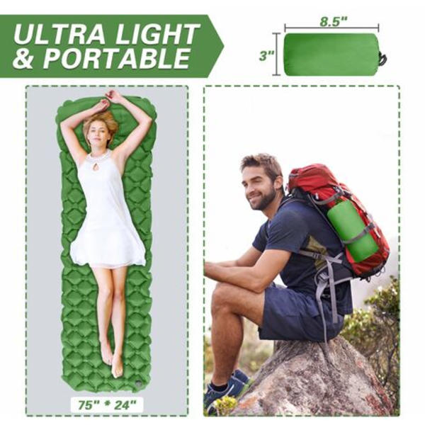 Utomhus Ultralätt Vandringsliggunderlag, 74x24'' tjocklek Bärväska Vattentät Blås upp campingmatta för utomhusaktiviteter