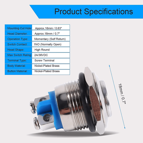 Metallinen hetkellinen painikekytkin, vedenpitävä pölytiivis käynnistyspainike on/off-kytkin ruuviliittimellä 16 mm 5/8"; Asennusreikä auton kotiin