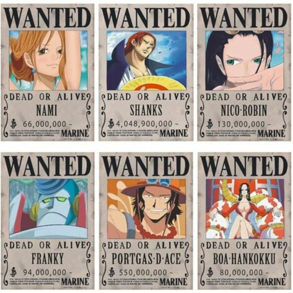 One Piece Wanted Plakater 28,5 cm × 19,5 cm, Ny udgave Kraft Paper Plakat, Luffy 1,5 milliarder, sæt med 24