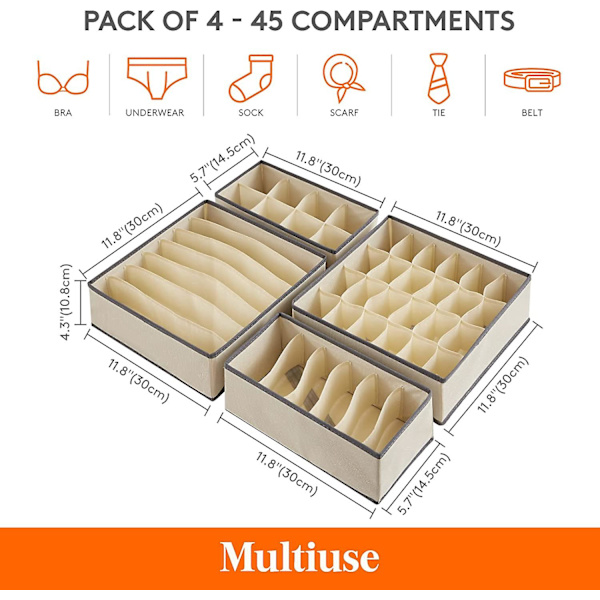 Non-woven, hopfällbar organizer för underkläder, sockor, förvaringsbox med 4-rums bully-fack