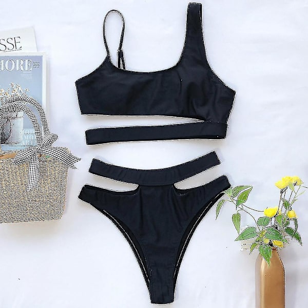kvinder Polstret Bandage Badetøj Bikini Sæt Strand Badedragt Hollow Out Badedragt Black S