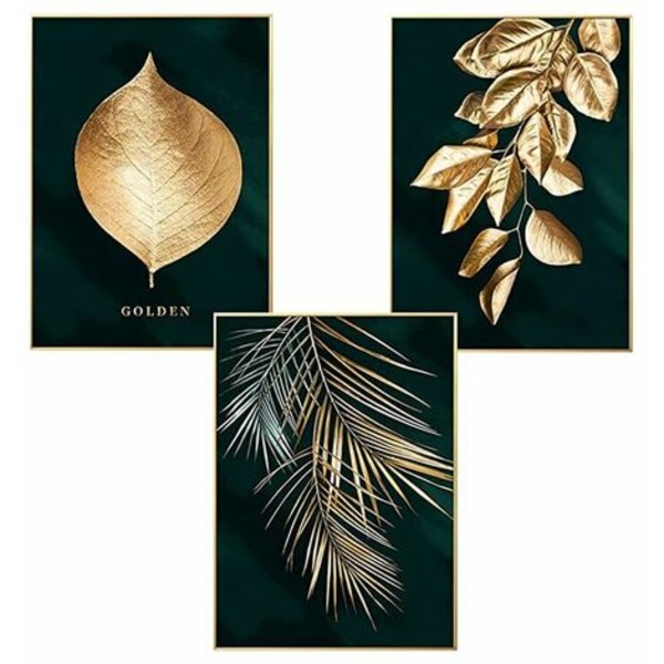 Set med 3 designväggaffischer med skog, guldblad, palm, oinramad, väggdekor för vardagsrummet, 10*30 cm