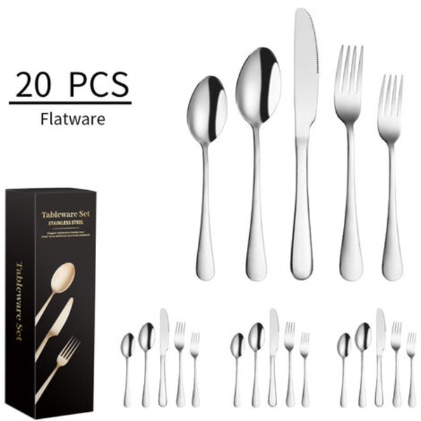 20 stks højkvalitets champagne guld rustfrit stål bestiksæt, bestiksæt gafler, knive, skeer, service til 4, fad