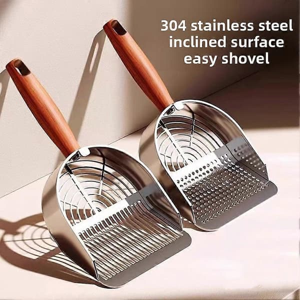 Kattespade i rustfritt stål, solid avfallsskuffe med trehåndtak for katter og hunder Bar Shape
