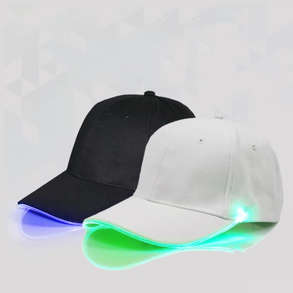 LED-valolla varustettu baseball-lippis, valokuitu, musta, sininen, mainoshattu