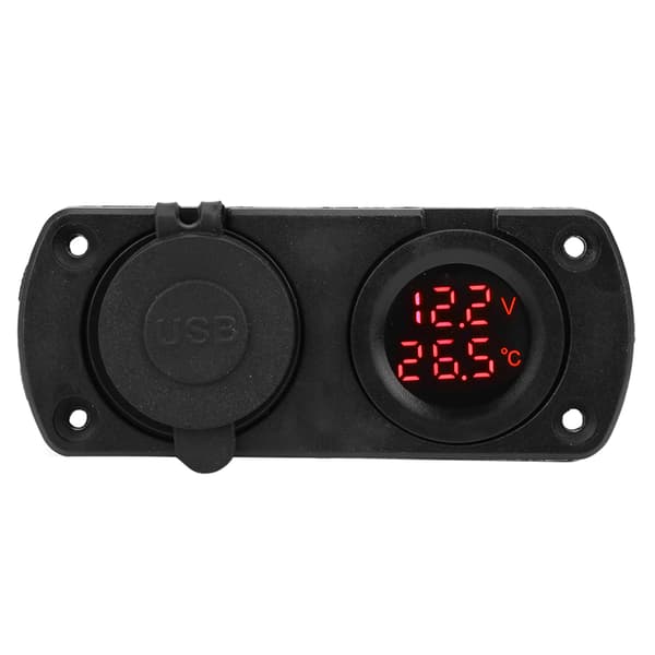 Dobbelt USB Biloplader 12V Cigartænderstik Rød Temperatur Voltmeter