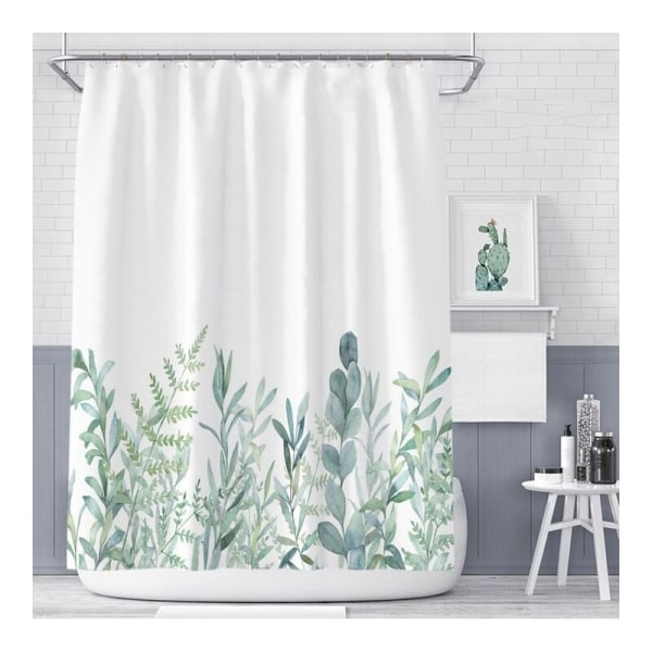 Badeforhæng med 12 ringe til fastgørelse, 180x200 cm, grønne planter（D）