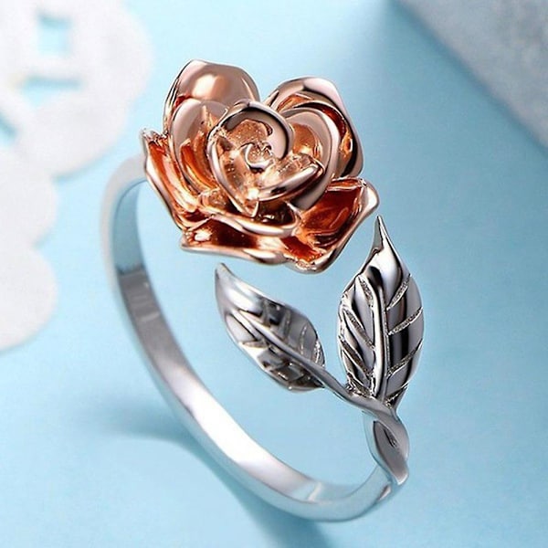 Mode Rose Flower Leaf Open Ring Kvinnor Justerbar Party Smycken Band Present