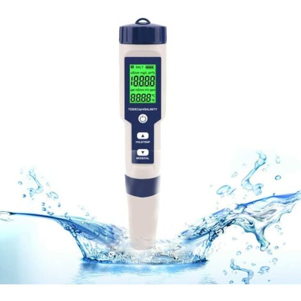 Elektronisk PH Meter Tester, 5 i 1 PH Tester Ficktermometer Vattenkvalitet PH EC Salt TDS för hem, pool, akvarium Wa
