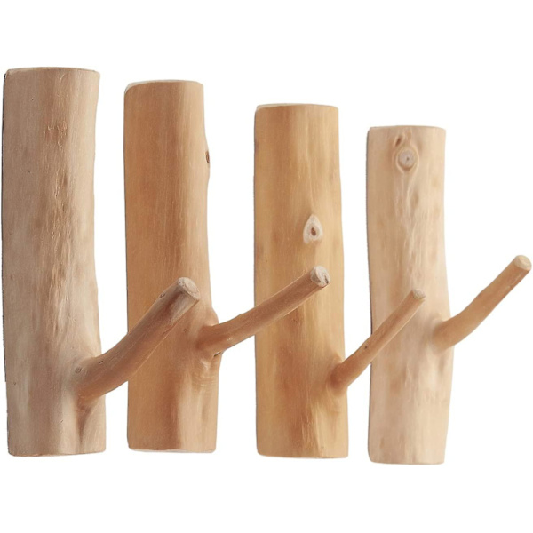 Trægren vægkroge, vægmonterede træknage, rustikke dekorative selvklæbende kroge, nøgleholder, håndklædeholder, pakke med 4 (bredde 2,5 cm-3 cm)