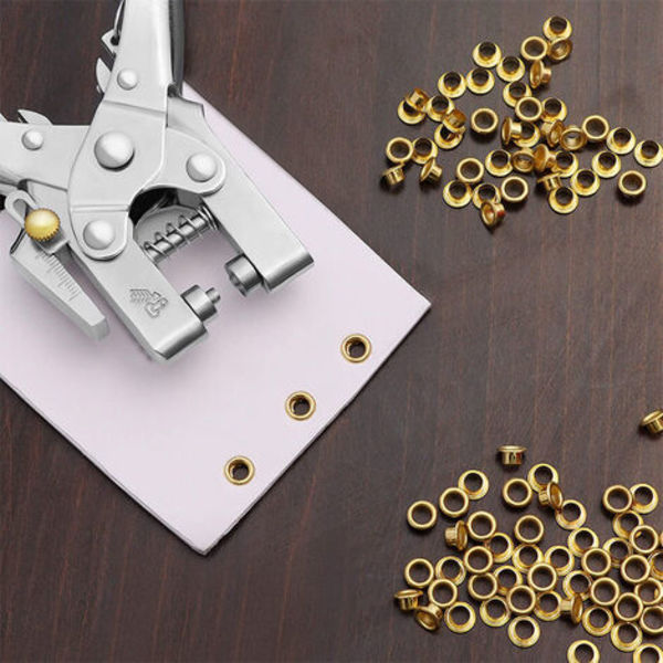 Øjetænger - 16 cm bæltetang - 5 mm guld metaløjer, (200 x 5 mm hulknapper)