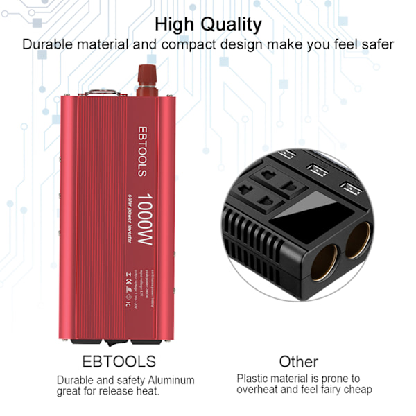 EBTOOLS 1000W 2000W Bilstrømomformer 12V DC til 110V AC med 2 uttak