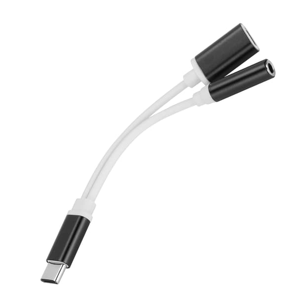 2-i-1 Type C til 3,5 mm Aux Audio Ladekabel Adapter Hodetelefonkontakt Svart