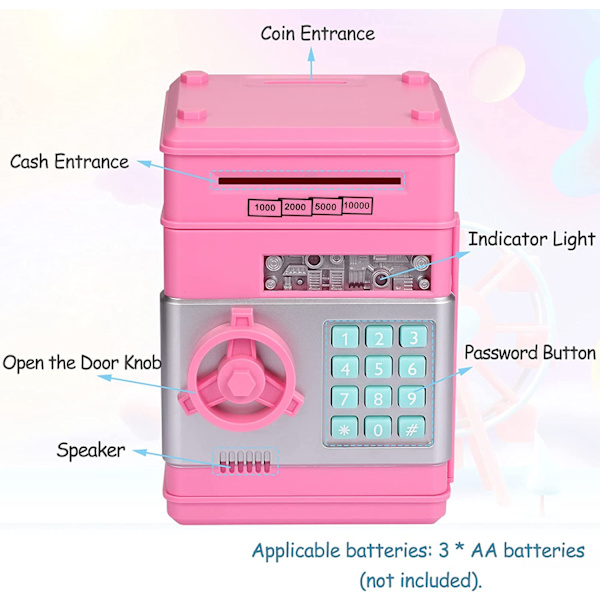 Adgangskode ATM sparegris, pink+sølv, 13,5*12*19cm