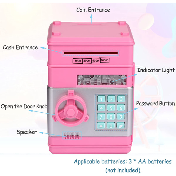 Lösenord bankomat spargris, rosa+silver, 13,5*12*19cm