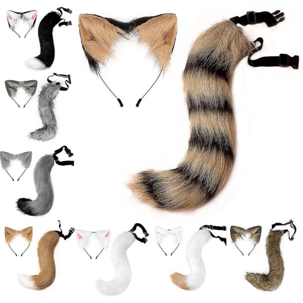 Animal Faux Ears Hair Hoop Tail Set Plysch huvudbonad Halloween Accessoarer Black white