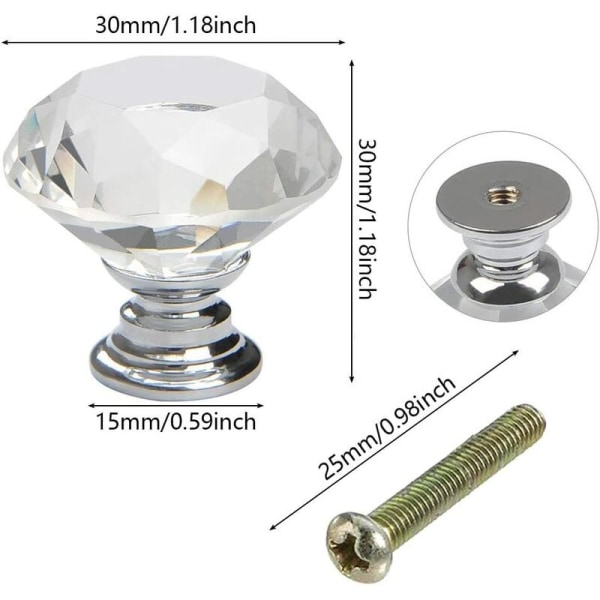 12 STK 30 mm klar diamant dörrknoppar med skruvar Kristall skåp Låda Drag