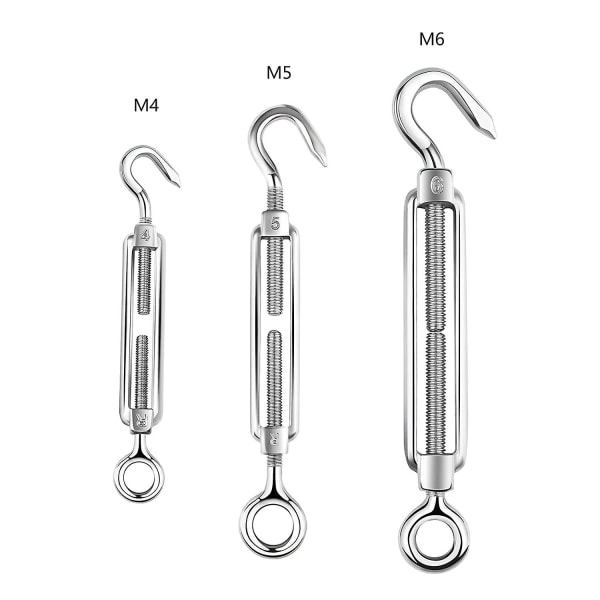 M4 rustfrit stålstrammer, 10 stykker 304 rustfrit stål krog- og øjestrammer, Kabelstrammer/stålwirestrammer, Strammere til tøjsnor,