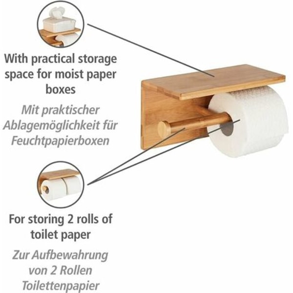WC-paperiteline hyllyllä 2 puista wc-paperirullaa