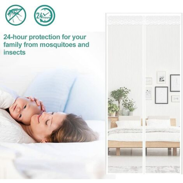 Magnetiskt myggnät för dörr, magnetisk tätning från topp till botten, automatisk stängning, håller frisk luft inuti (90x205cm, vit
