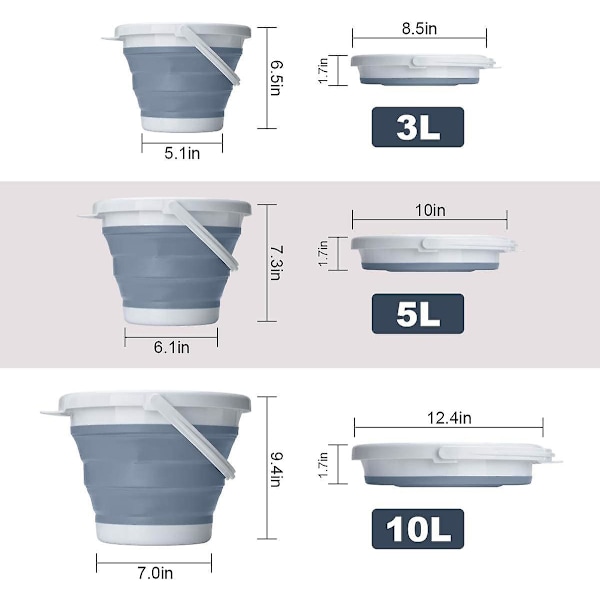 Sammenklappelig silikone plastik spand, pladsbesparende spand til rengøring i hjemmet, camping, fiskeri, have og rejser - bærbar vandbeholder (grå, 10l)