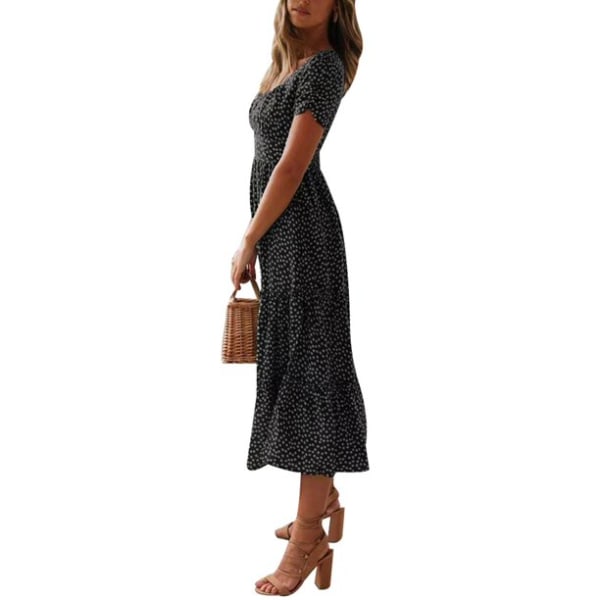 Heta kvinnors kortärmade print sommar Casual medellång swingklänning Black S