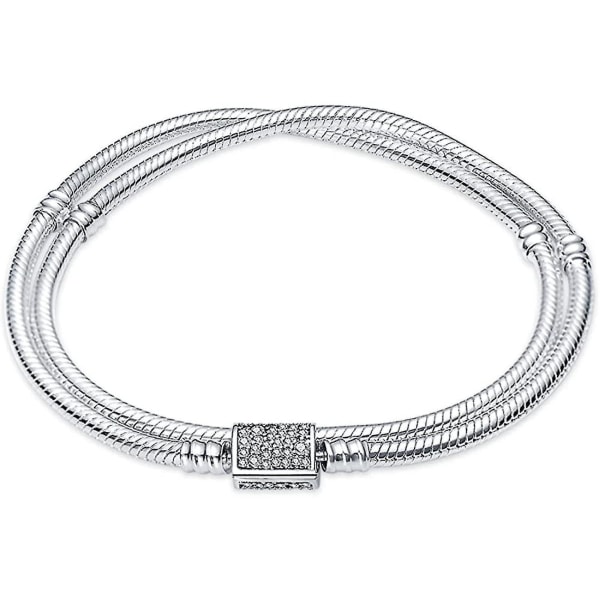 925 Sterling Silver Snake Chain Armband helt kompatibelt med Pandora Charms, Söt Kloarmband med glänsande runda spänne Berlock Transparent Cz Christm