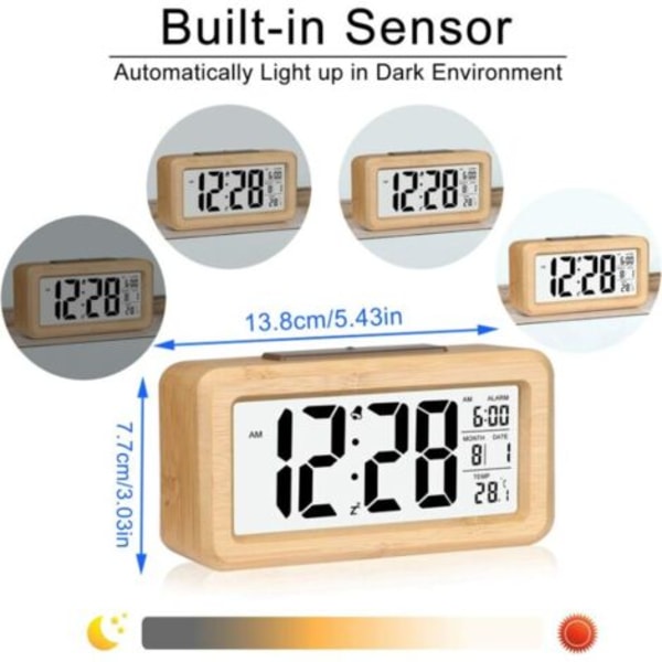 Easy Set Bamboo Digital väckarklocka med temperatur, datum, bakgrundsbelysning, snooze, för sovrum, säng, hem, kontor