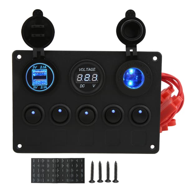 12/24V vippekontaktpanel rund 5-positionskontakt dobbelt USB-biloplader overophedningsbeskyttelse brug bådkontaktpanel