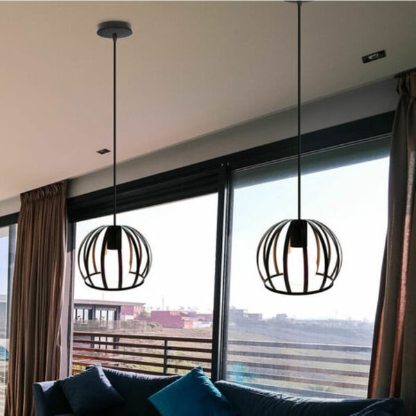 Lysekrone Pendel Metal Cage Loftslampe Creative Rund Industriel E27 til Stue Soveværelse Bar - Sort - Sort