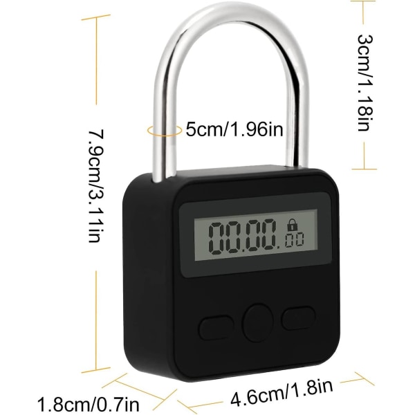 Smart Time Lock Max 99 timmars tidslås med LCD-skärm USB Uppladdningsbart säkerhetshänglås Kraftig metall elektroniskt timerlås (svart)