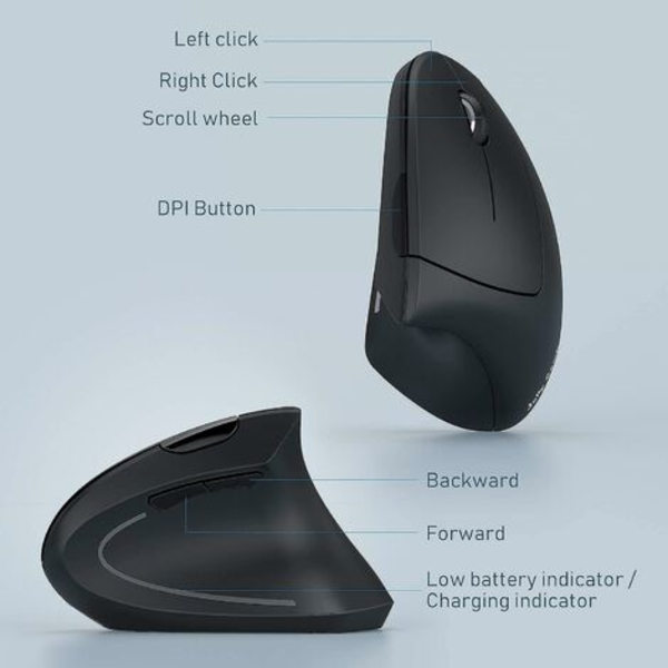 1 st uppladdningsbar ergonomisk mus, 2,4 GHz trådlös vertikal mus vänster laddning modell svart