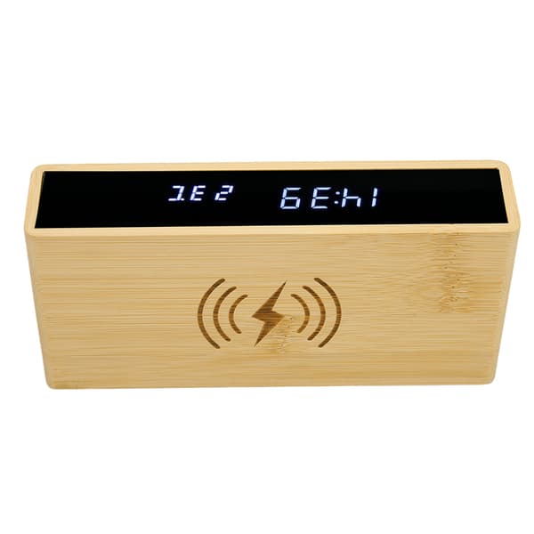 Trådløs Lading Bambus Digital Vekkerklokke Multifunksjon LED-Skjerm Moderne Design