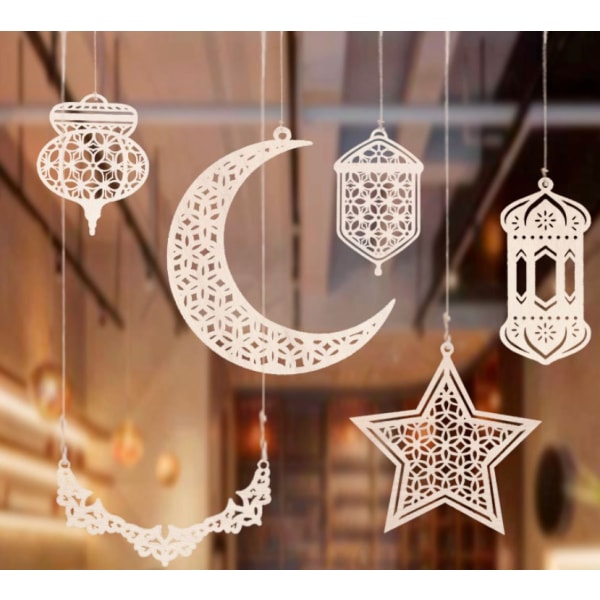 Ramadan-sisustus, Eid-sisustus, puiset riipukset, Ramadan Eid Mubarakin riippuva kuun tuulilampun muotoinen sisustus Eid-koristelu