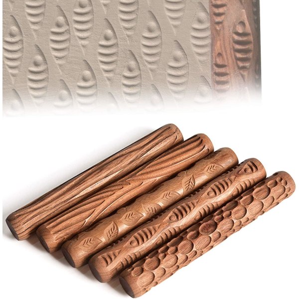 5 Wooden Texture Rollers Trä Hand Stamp Rollers för lera.