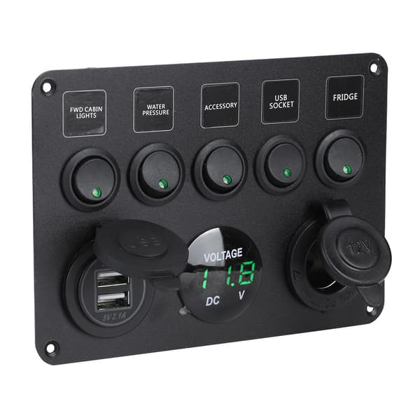 5-veis LED vippebryterpanel med digital voltmeter, universell for RV bil motorbåt grønn