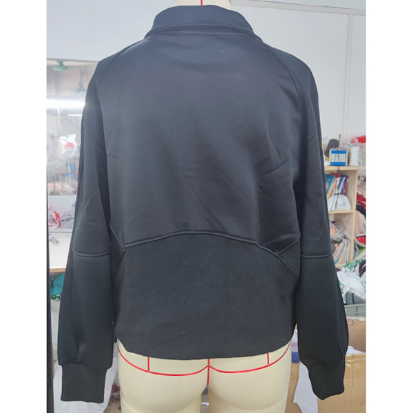 Dame Langærmet Pullover Nedfaldskrave Halv Lynlås Stor Frontlomme Afslappede Løse Bluser Sort M