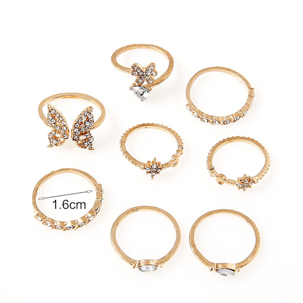8 stk Knuckle Ringe Sommerfugl Blomst Rhinestone Kvinder Udsøgte Animal Element Ringe Smykker Tilbehør