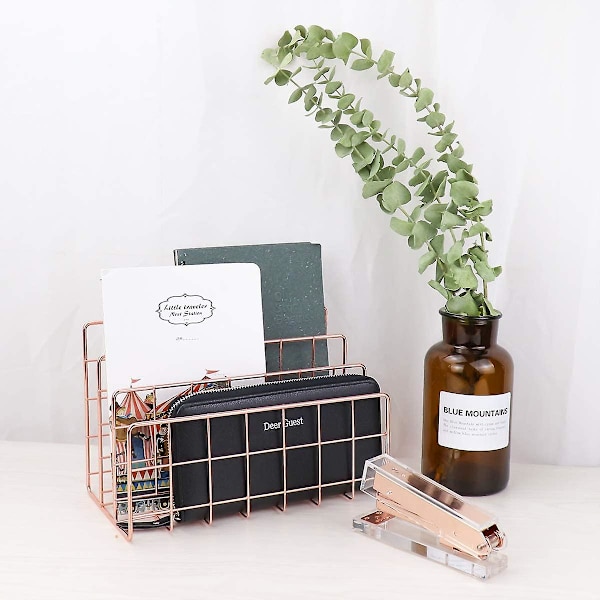 Desktop Mail Organizer, 3-fack Metal Wire Mail Sorter Rose Gold