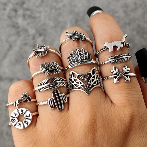 12 st/ set Leaf Fox Elephant Design Ringar Dam Vintage Knuckle Midi Stacking Ring