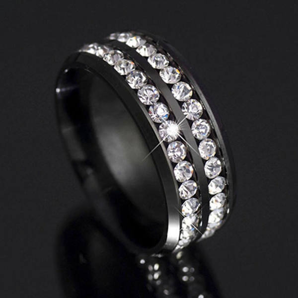 Ring bred bredd Fadeless titan stål dubbla rader strass unisex smycken för bröllopsfest Silver US 8