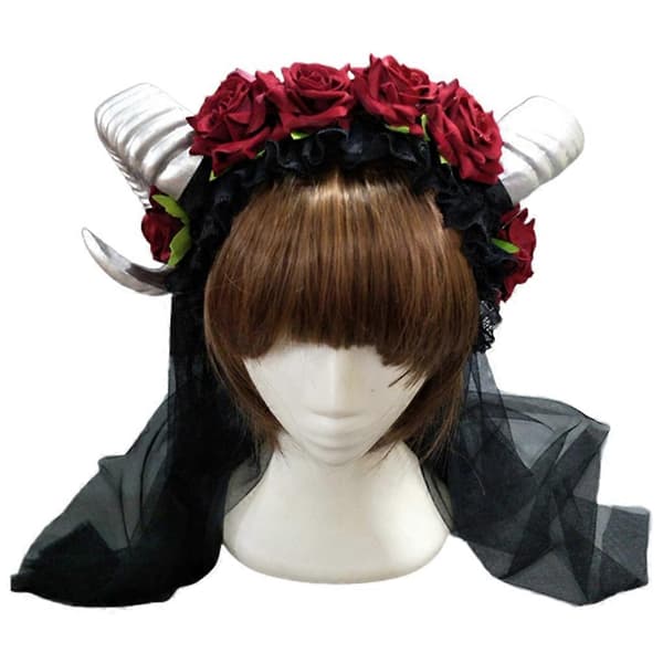 Blomsterslør Pannebånd Cosplay Hodeplagg til Halloween Festbruk Sauehorn Hårbånd Karneval Hodeplagg Festutstyr Angle d’argent +60 maille