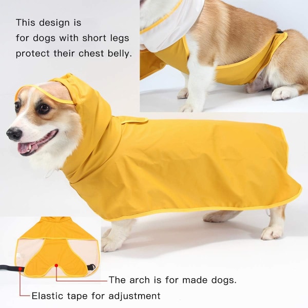 Kostume, vandtæt hunde-regnjakke med hætte og mavebeskyttelse til små og mellemstore hunde (3XL, gul)