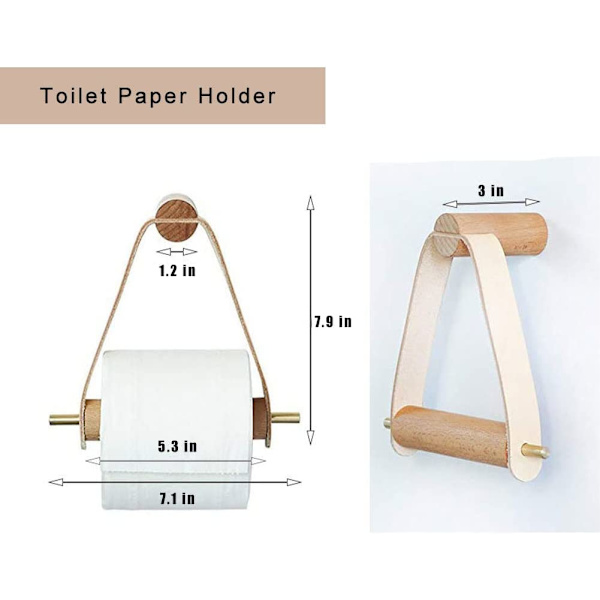 Træ- og lædervægmonteret toiletpapirholder, rustik papirhåndklædeholder, naturligt stilfuldt badeværelsestilbehør med se
