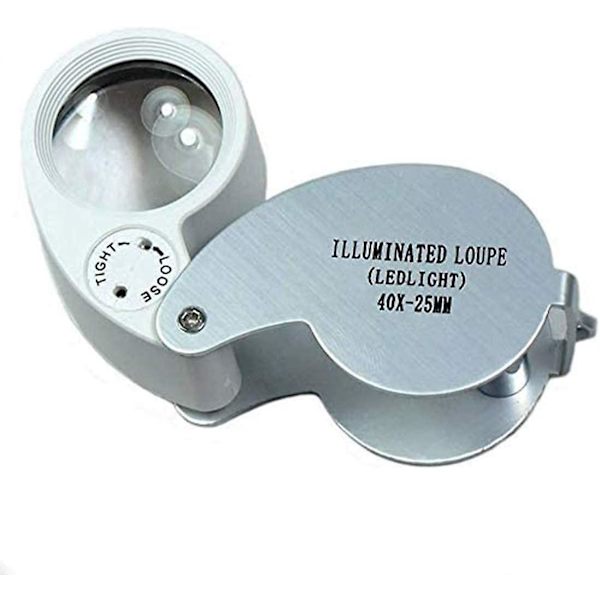 Vikbart fickförstoringsglas med ledljus för smycken, gemologi, diamant, numismatik, fillit, 40x