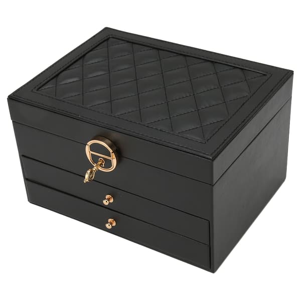 Sort smykkeskrin i PU-læder til kvinder med 2 skuffer til opbevaring af halskæder og armbånd