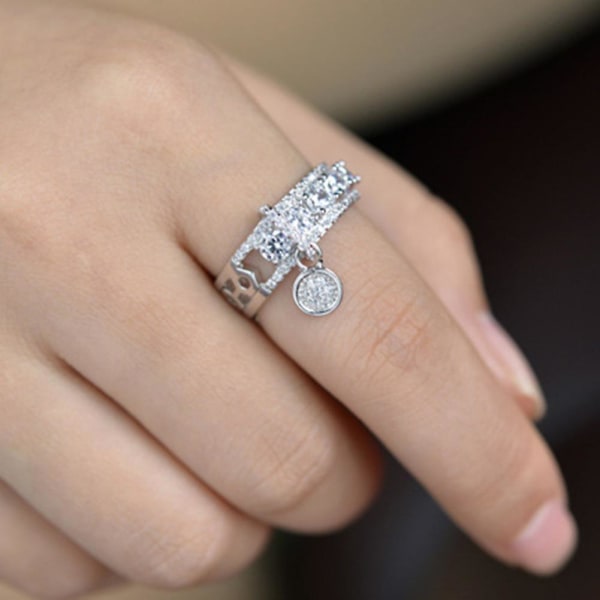 Lyxig ihålig Cubic Zirconia Rund Charm Lady Finger Ring Bröllopssmycken Silver US 12