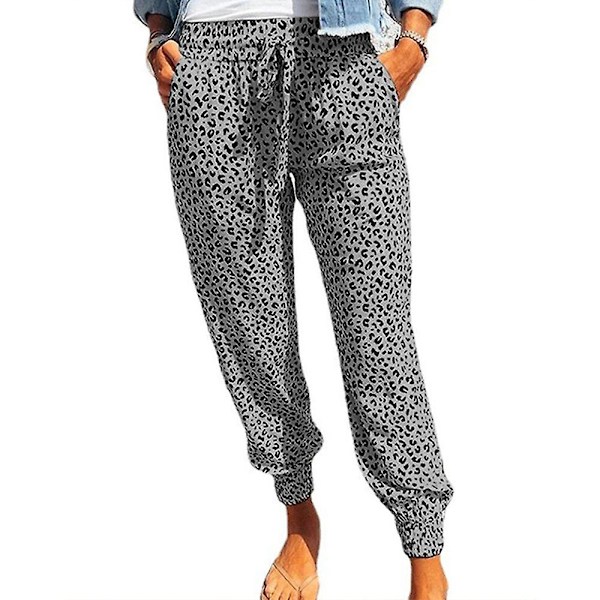 Stretch-träningsbyxor i leopard med dragsko för kvinnor Grey M
