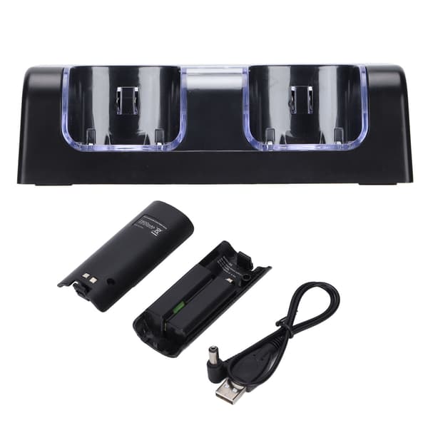 Trådløs Batterioplader med AC Adapter Stabil Bærbar Dobbelt Ladestation Dock til Wii Spilcontroller Batteri Sort
